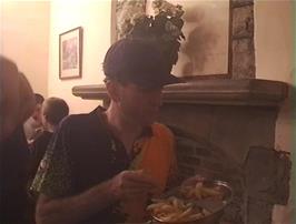 Michael prepares to enjoy his vegetarian pizza at St Briavels Castle youth hostel